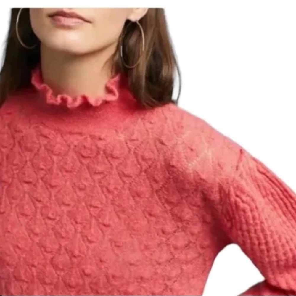 Anthropologie Knotted and Knotted Vibrant Coral Knit Sweater with Ruffle Neck